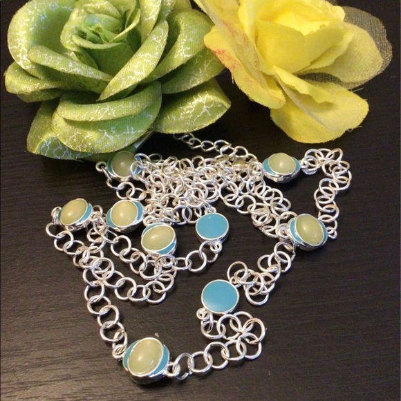 NWOT. Silver Tone Chain, Blue & Yellow Long Necklace. - Picture 1 of 6